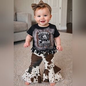 Johnny Cash Fringe T-shirt & Cow Print Flare Jeans Size 6-12 Months